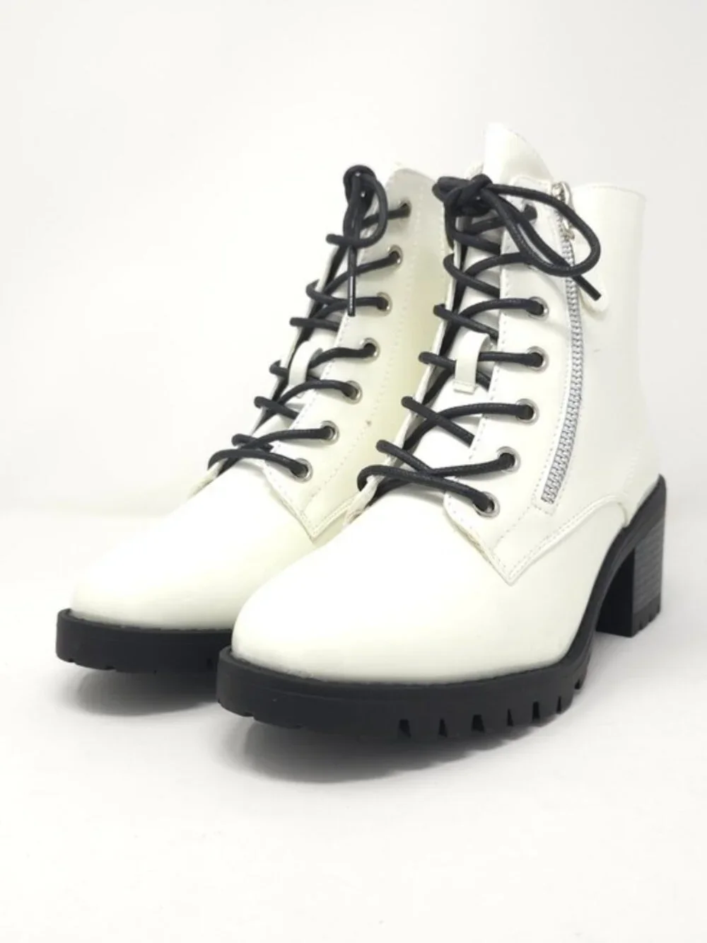 Combat Boots Chunky Heel Lace Up Side Zipper Faux Leather White Pat Ankle Boot - Picture 1 of 12